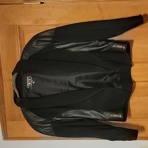 Black leather accented jacket with bead embellishments